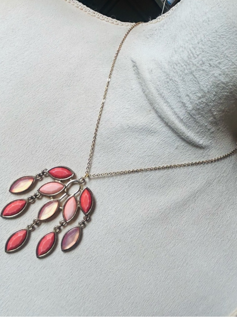 Handcrafted vintage repurpose faceted marquis tangerine glass pendant necklace